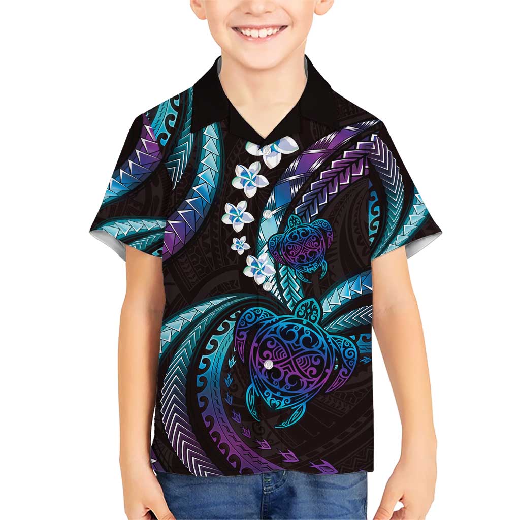 Hawaii Turtles Plumeria Kid Hawaiian Shirt Amethyst Gradient Polynesian Pattern