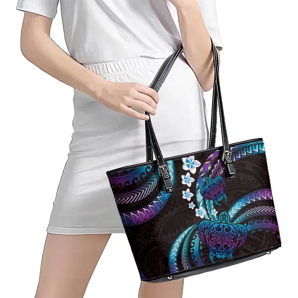 Hawaii Turtles Plumeria Leather Tote Bag Amethyst Gradient Polynesian Pattern