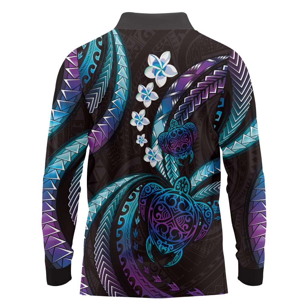 Hawaii Turtles Plumeria Long Sleeve Polo Shirt Amethyst Gradient Polynesian Pattern