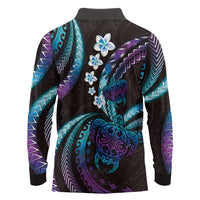 Hawaii Turtles Plumeria Long Sleeve Polo Shirt Amethyst Gradient Polynesian Pattern