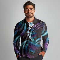 Hawaii Turtles Plumeria Long Sleeve Polo Shirt Amethyst Gradient Polynesian Pattern