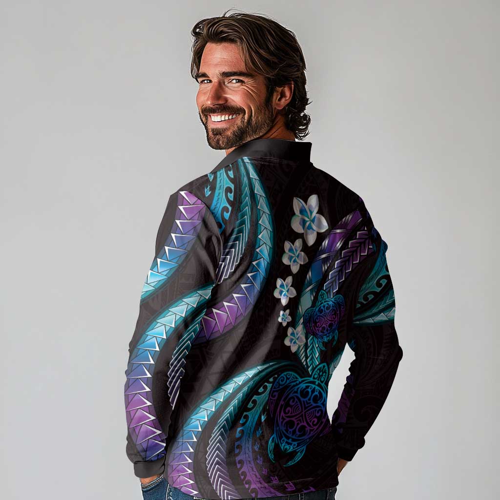 Hawaii Turtles Plumeria Long Sleeve Polo Shirt Amethyst Gradient Polynesian Pattern