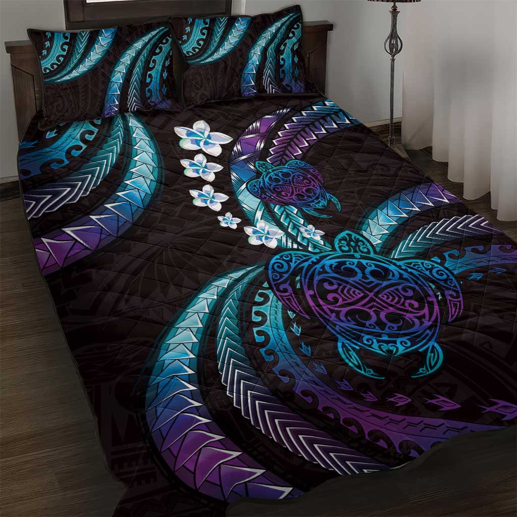 Hawaii Turtles Plumeria Quilt Bed Set Amethyst Gradient Polynesian Pattern
