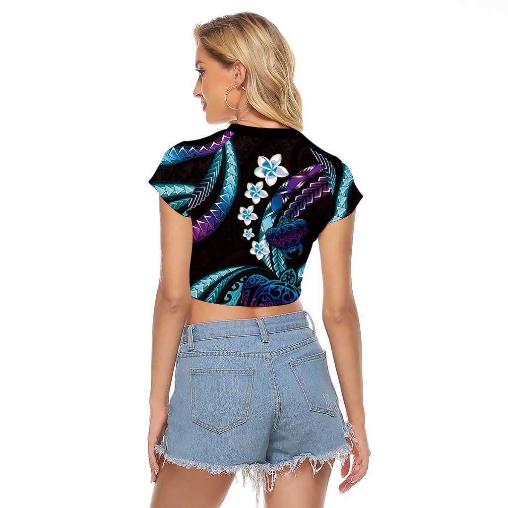Hawaii Turtles Plumeria Raglan Cropped T Shirt Amethyst Gradient Polynesian Pattern