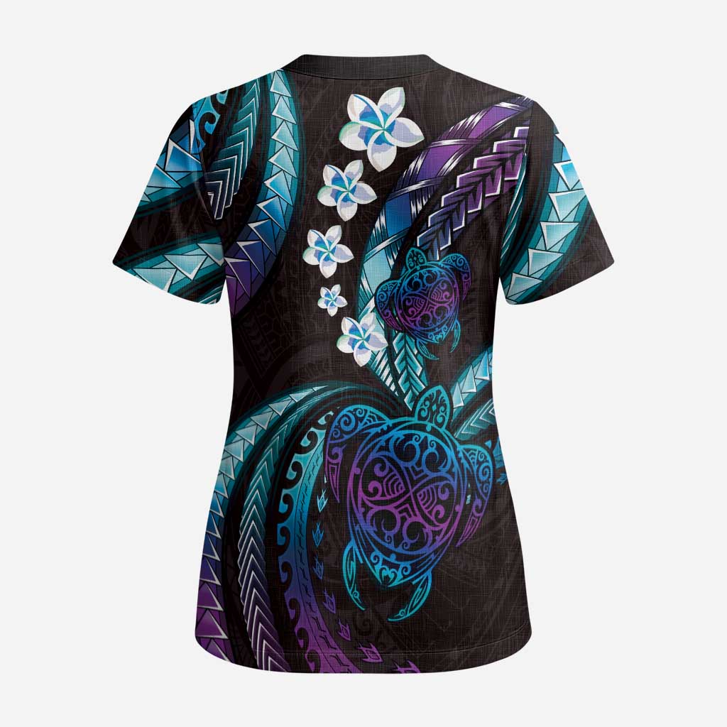 Hawaii Turtles Plumeria Scrub Top Amethyst Gradient Polynesian Pattern - Polynesian Pride