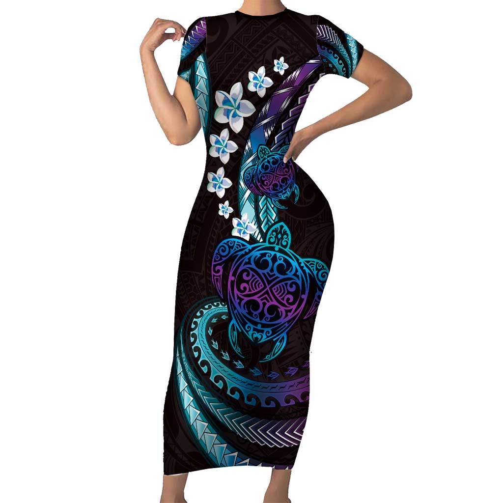 Hawaii Turtles Plumeria Short Sleeve Bodycon Dress Amethyst Gradient Polynesian Pattern
