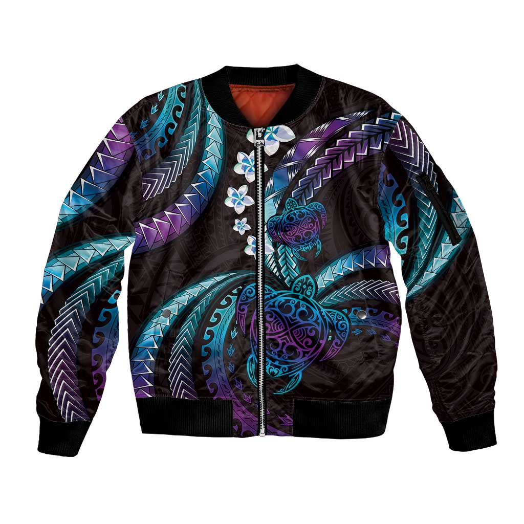 Hawaii Turtles Plumeria Sleeve Zip Bomber Jacket Amethyst Gradient Polynesian Pattern