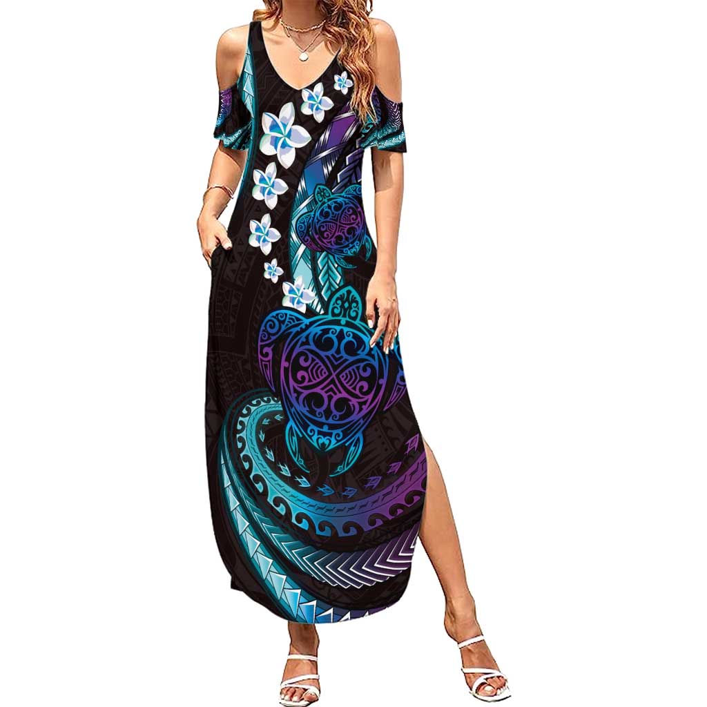 Hawaii Turtles Plumeria Summer Maxi Dress Amethyst Gradient Polynesian Pattern