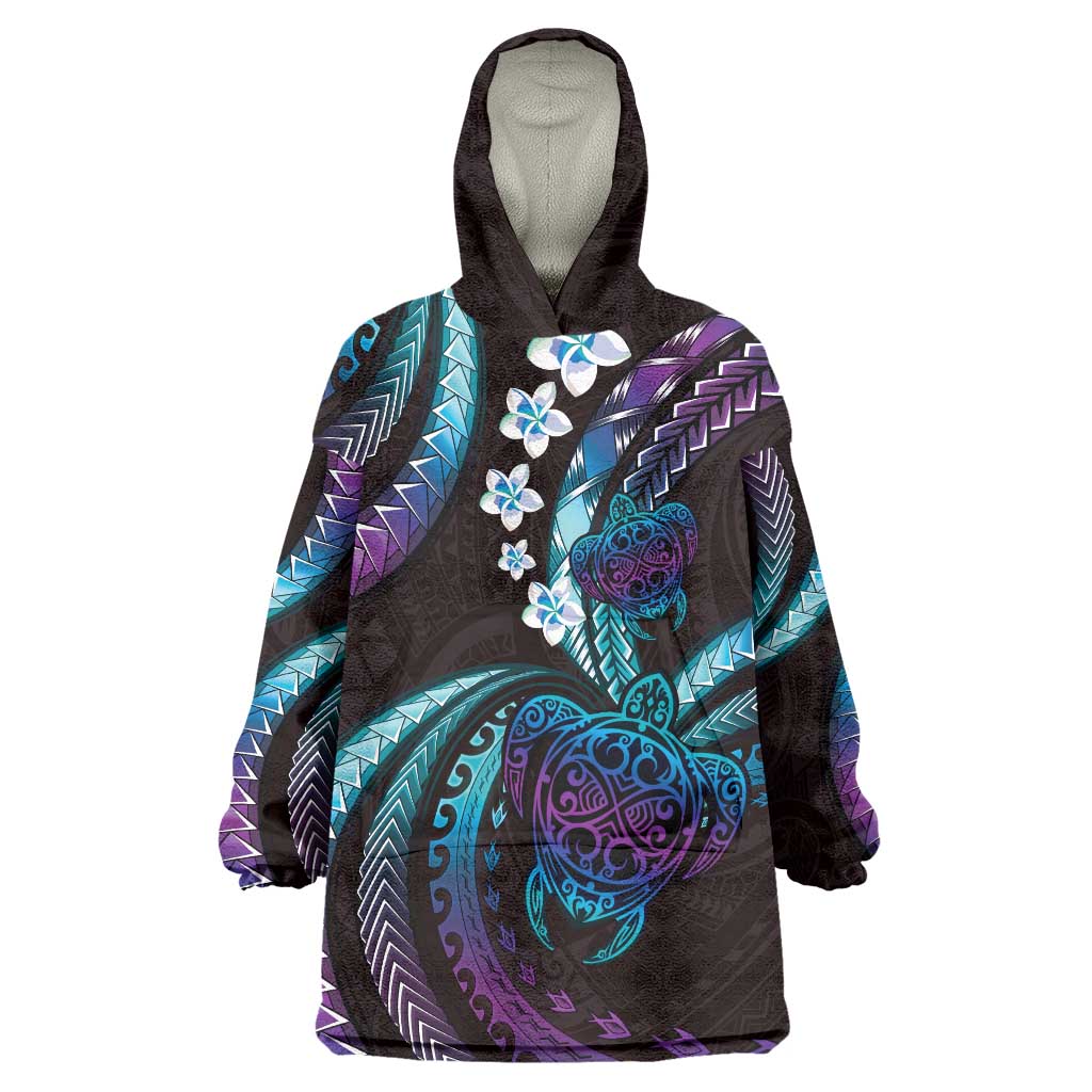 Hawaii Turtles Plumeria Wearable Blanket Hoodie Amethyst Gradient Polynesian Pattern