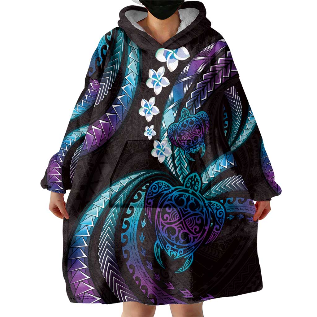 Hawaii Turtles Plumeria Wearable Blanket Hoodie Amethyst Gradient Polynesian Pattern