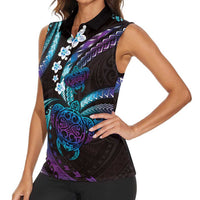 Hawaii Turtles Plumeria Women Sleeveless Polo Shirt Amethyst Gradient Polynesian Pattern