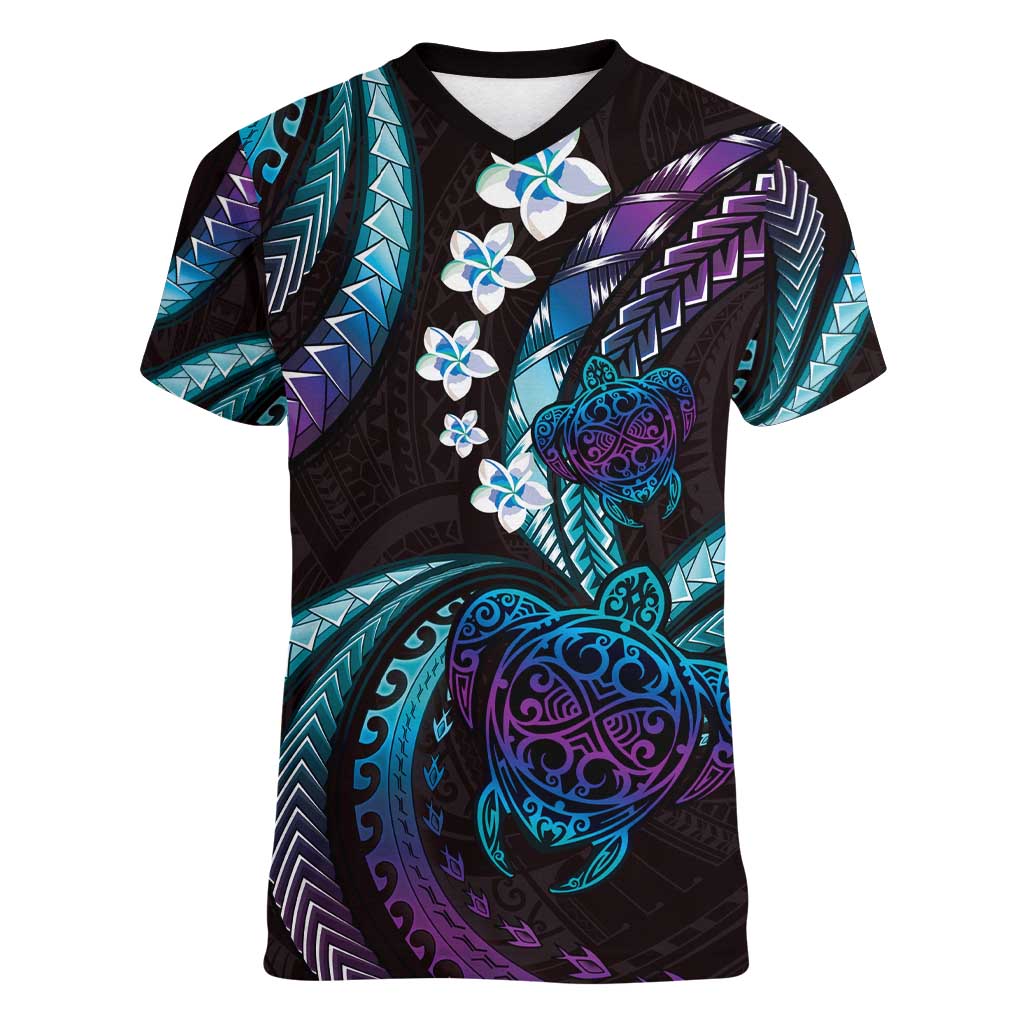 Hawaii Turtles Plumeria Women V-Neck T-Shirt Amethyst Gradient Polynesian Pattern