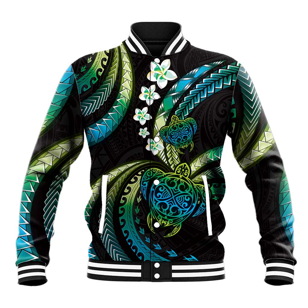 Hawaii Turtles Plumeria Baseball Jacket Chartreuse Cyan Polynesian Pattern