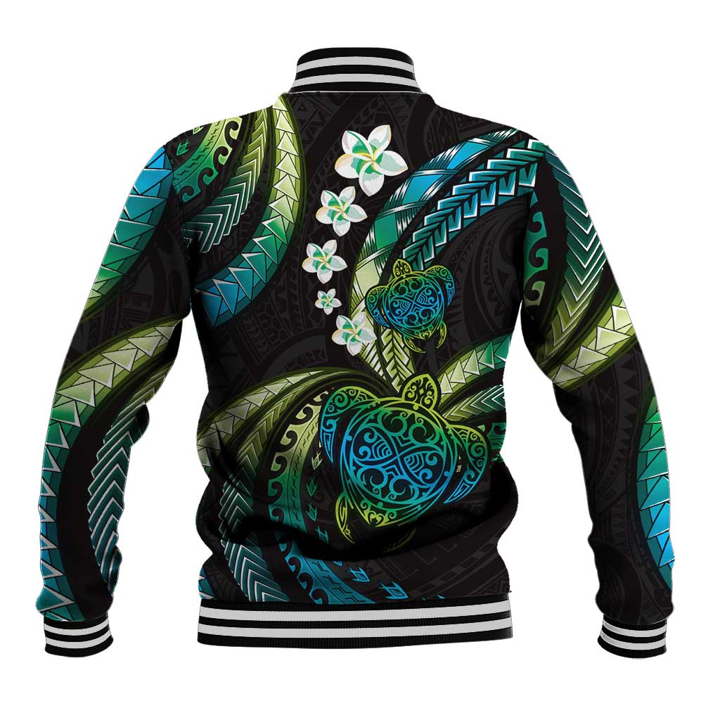 Hawaii Turtles Plumeria Baseball Jacket Chartreuse Cyan Polynesian Pattern