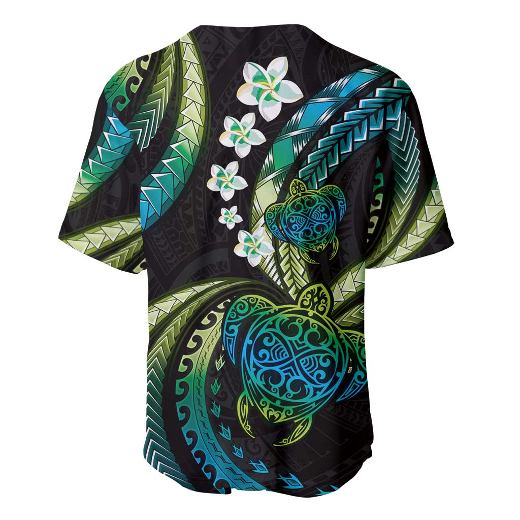 Hawaii Turtles Plumeria Baseball Jersey Chartreuse Cyan Polynesian Pattern