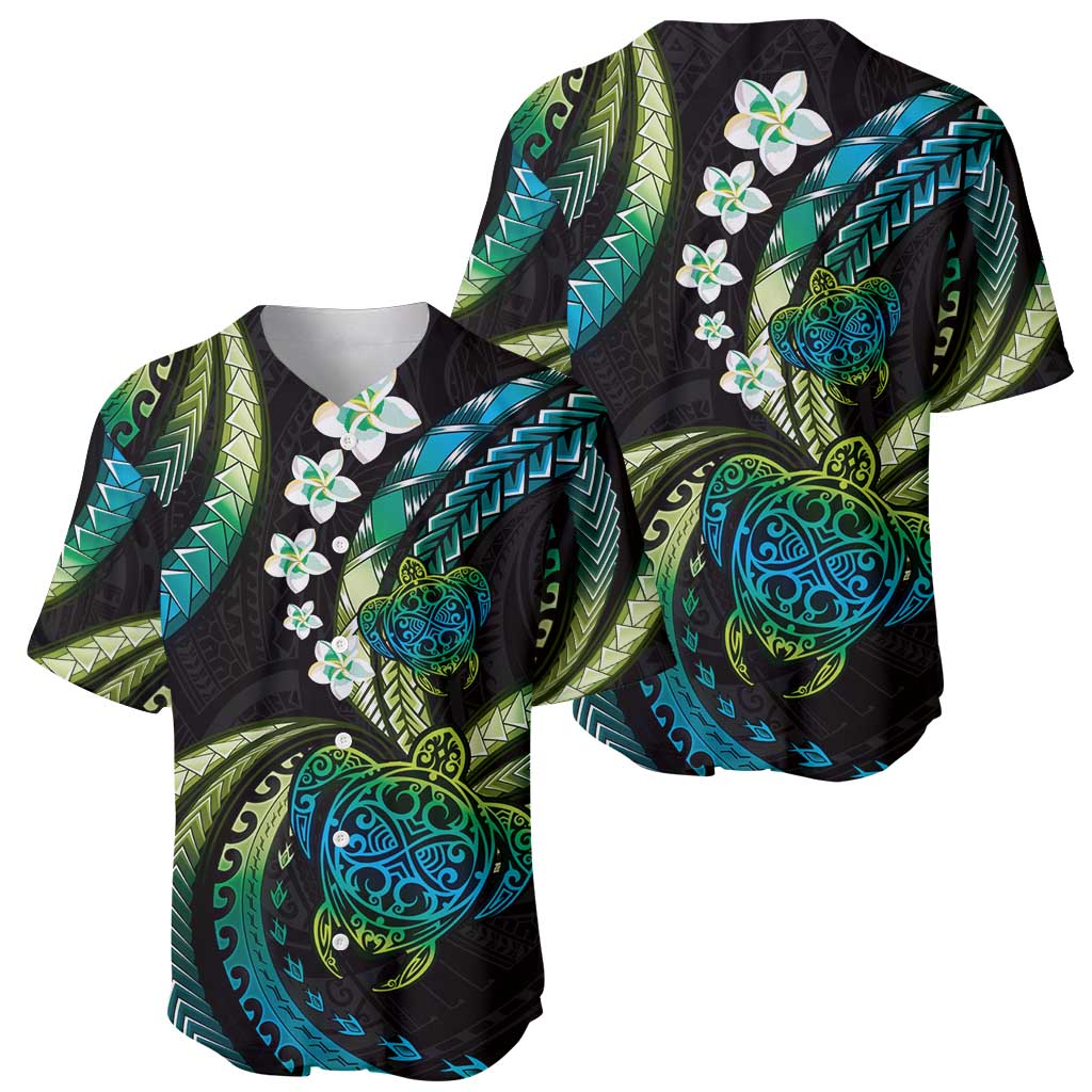 Hawaii Turtles Plumeria Baseball Jersey Chartreuse Cyan Polynesian Pattern
