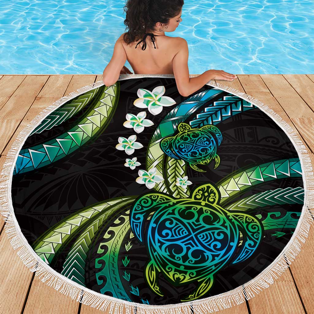 Hawaii Turtles Plumeria Beach Blanket Chartreuse Cyan Polynesian Pattern