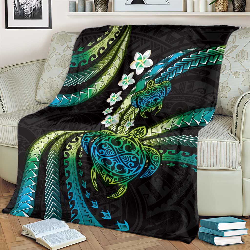 Hawaii Turtles Plumeria Blanket Chartreuse Cyan Polynesian Pattern
