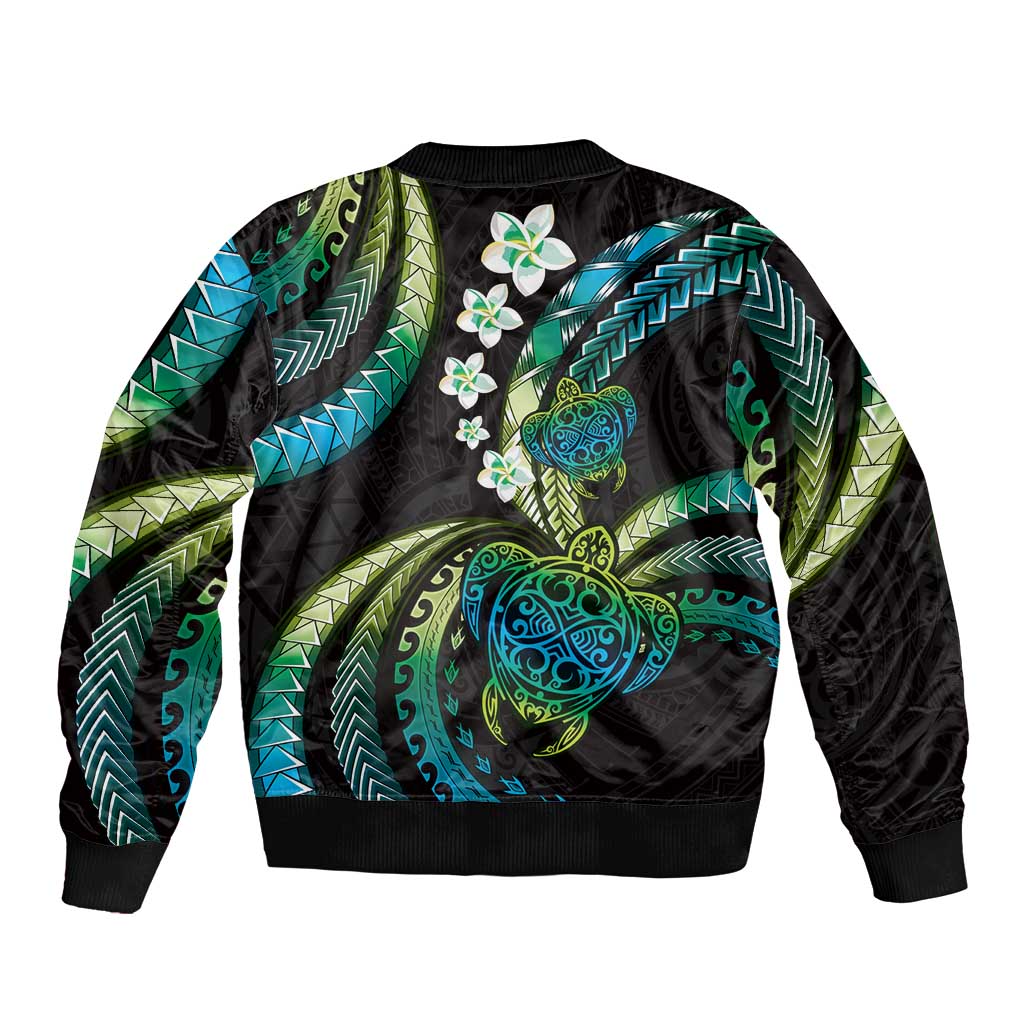 Hawaii Turtles Plumeria Bomber Jacket Chartreuse Cyan Polynesian Pattern