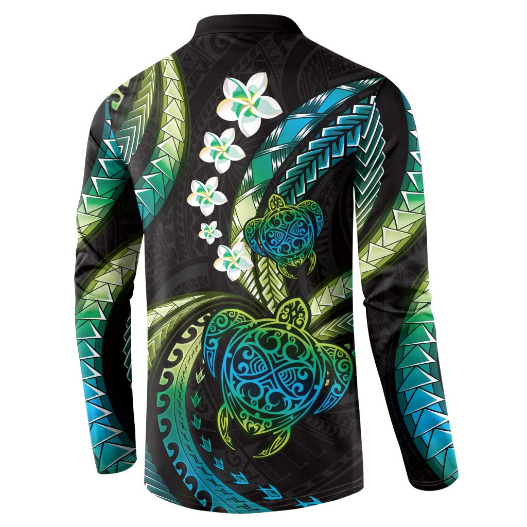 Hawaii Turtles Plumeria Button Sweatshirt Chartreuse Cyan Polynesian Pattern