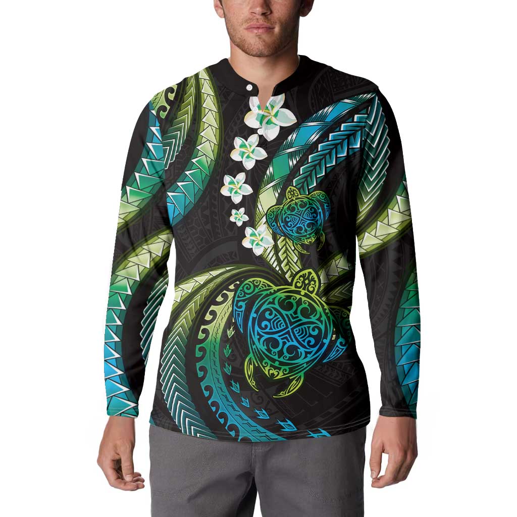 Hawaii Turtles Plumeria Button Sweatshirt Chartreuse Cyan Polynesian Pattern