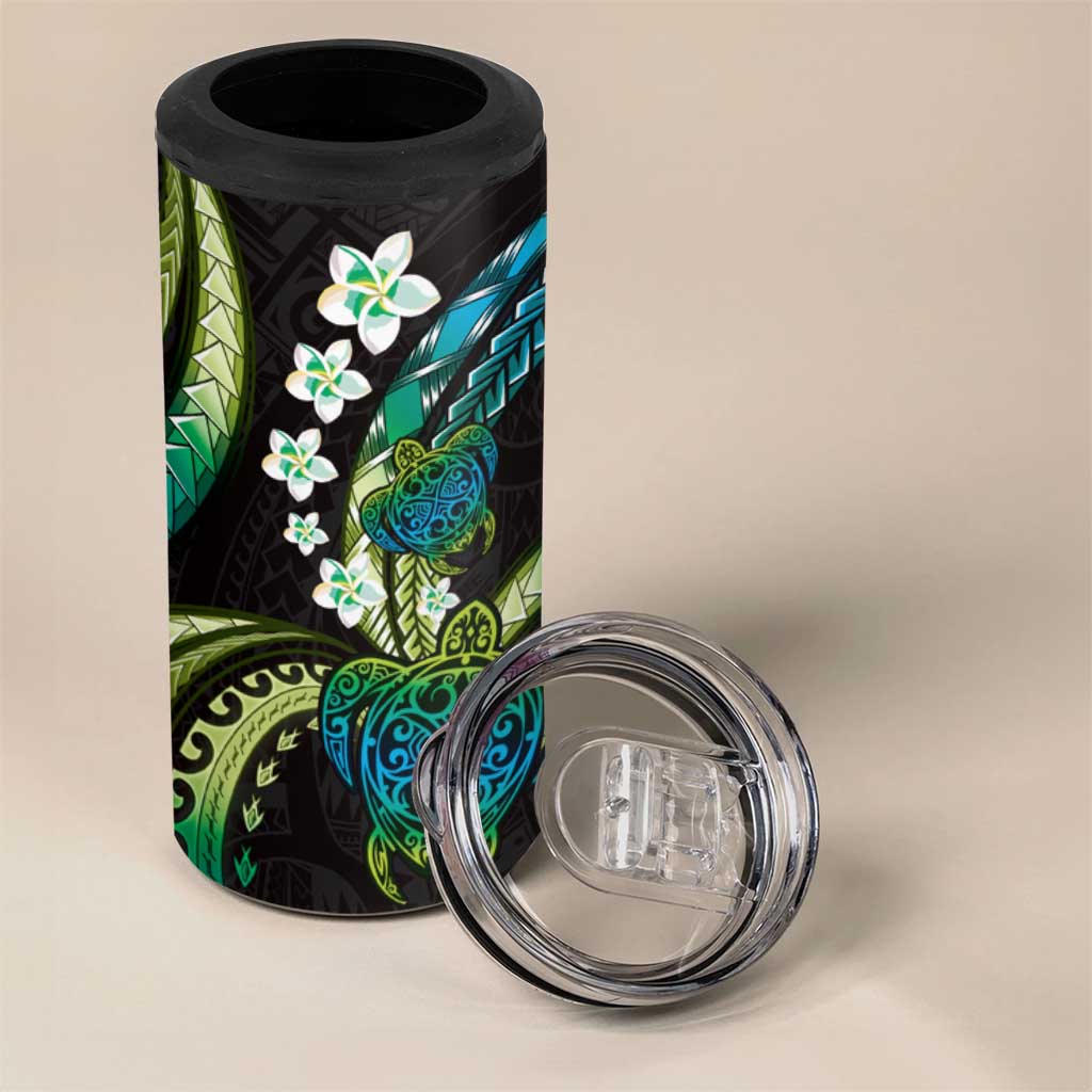 Hawaii Turtles Plumeria 4 in 1 Can Cooler Tumbler Chartreuse Cyan Polynesian Pattern