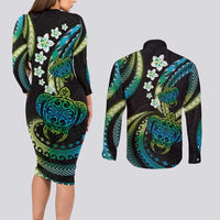 Hawaii Turtles Plumeria Couples Matching Long Sleeve Bodycon Dress and Long Sleeve Button Shirt Chartreuse Cyan Polynesian Pattern