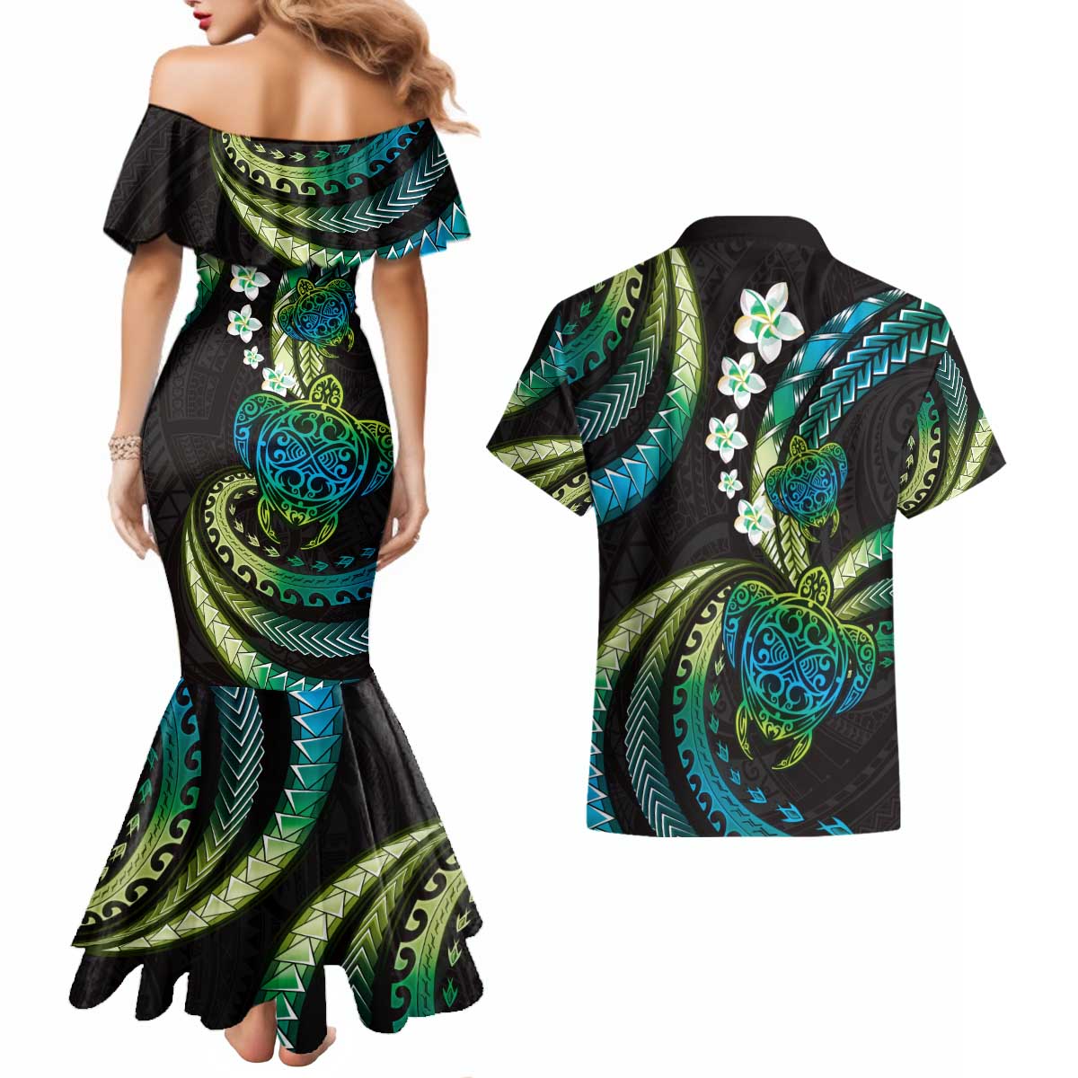 Hawaii Turtles Plumeria Couples Matching Mermaid Dress and Hawaiian Shirt Chartreuse Cyan Polynesian Pattern