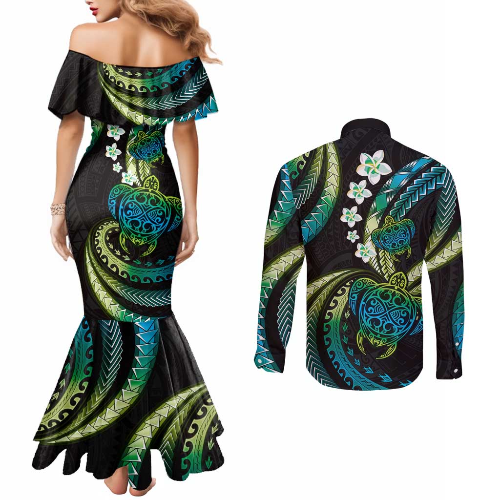 Hawaii Turtles Plumeria Couples Matching Mermaid Dress and Long Sleeve Button Shirt Chartreuse Cyan Polynesian Pattern