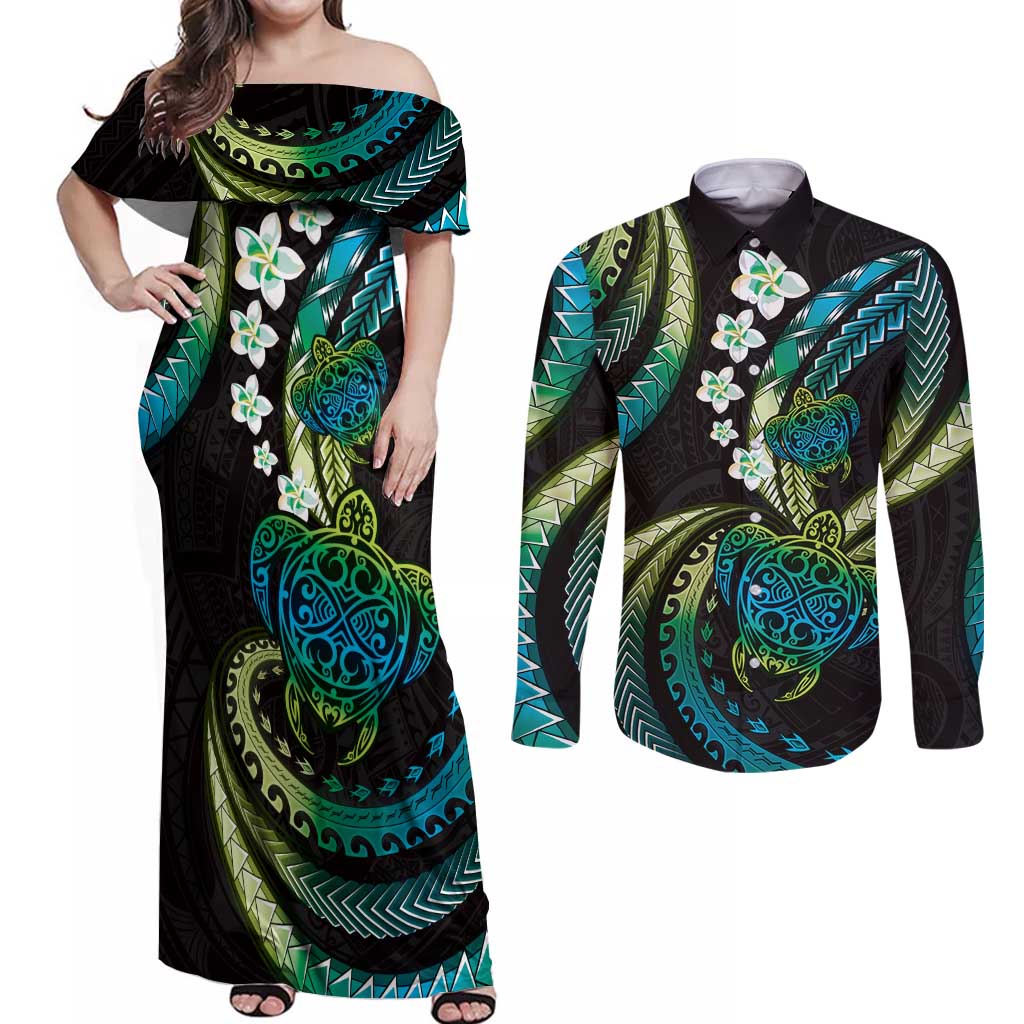 Hawaii Turtles Plumeria Couples Matching Off Shoulder Maxi Dress and Long Sleeve Button Shirt Chartreuse Cyan Polynesian Pattern