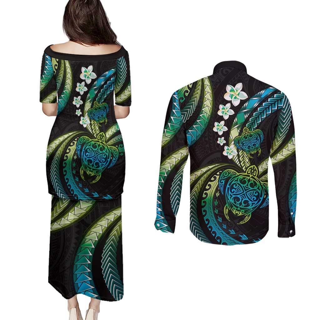 Hawaii Turtles Plumeria Couples Matching Puletasi and Long Sleeve Button Shirt Chartreuse Cyan Polynesian Pattern