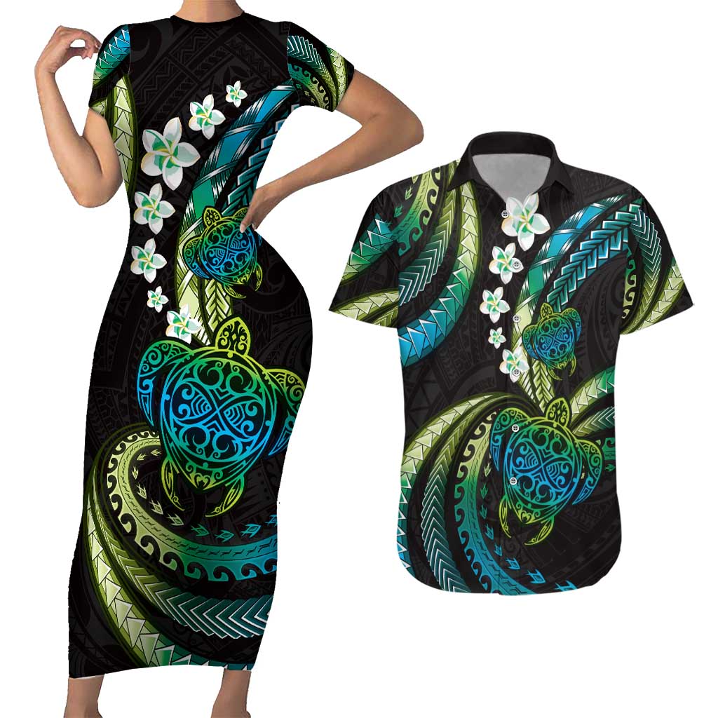 Hawaii Turtles Plumeria Couples Matching Short Sleeve Bodycon Dress and Hawaiian Shirt Chartreuse Cyan Polynesian Pattern
