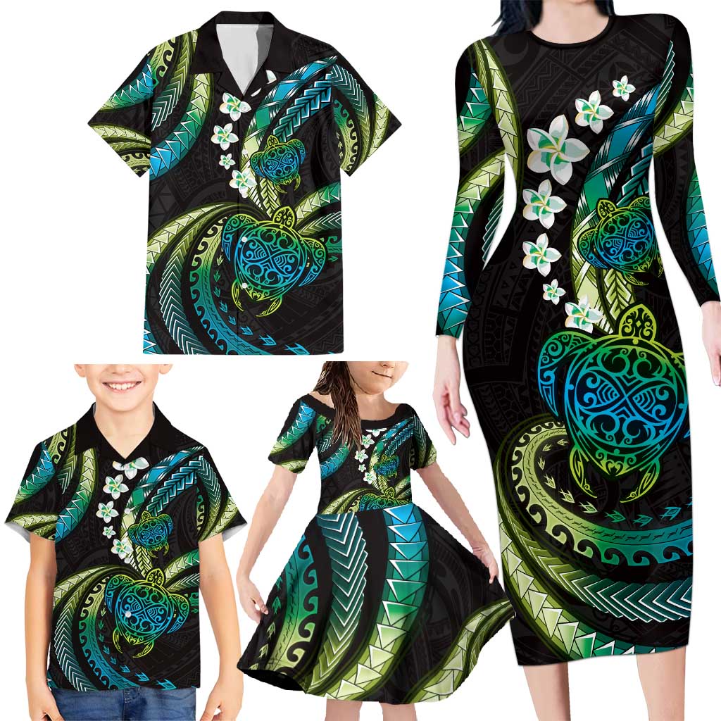Hawaii Turtles Plumeria Family Matching Long Sleeve Bodycon Dress and Hawaiian Shirt Chartreuse Cyan Polynesian Pattern