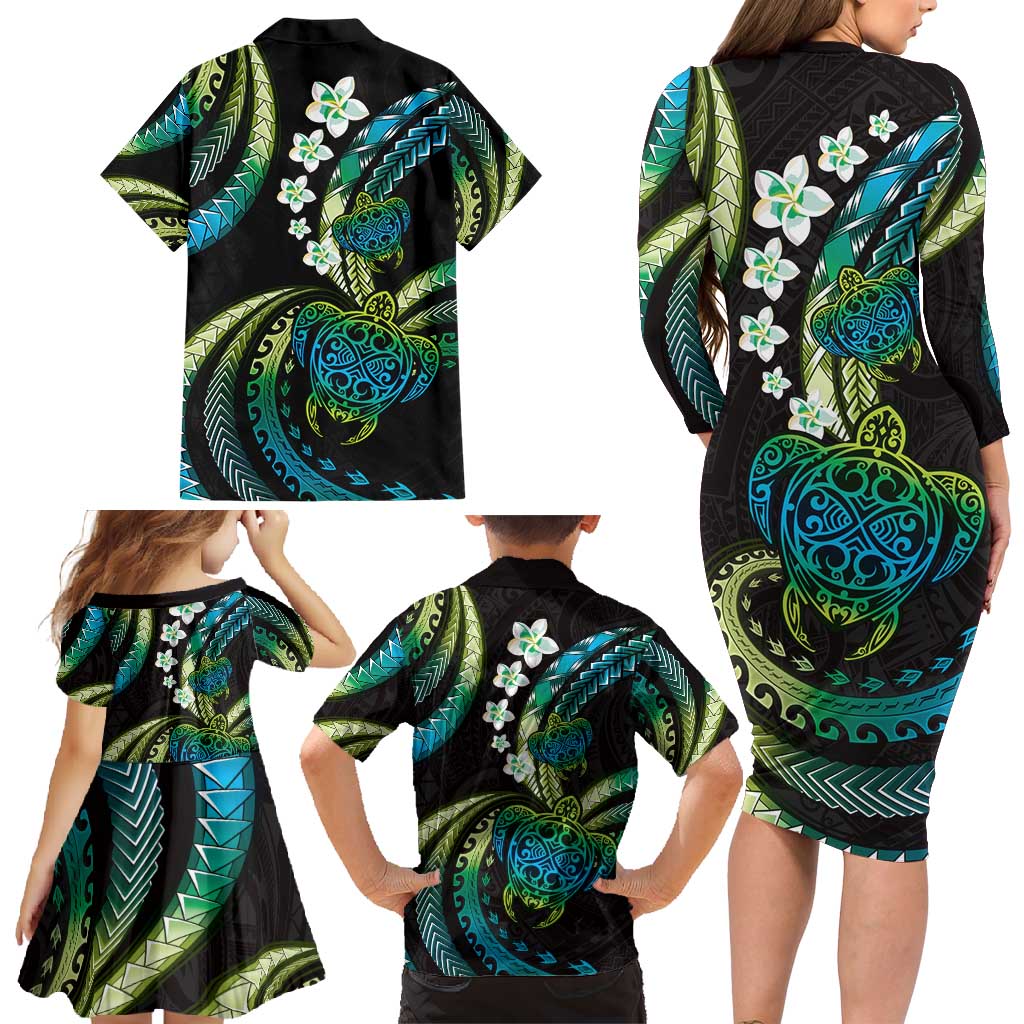Hawaii Turtles Plumeria Family Matching Long Sleeve Bodycon Dress and Hawaiian Shirt Chartreuse Cyan Polynesian Pattern