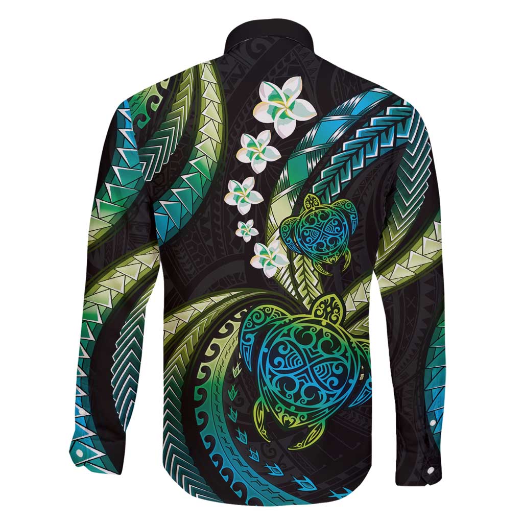 Hawaii Turtles Plumeria Family Matching Long Sleeve Bodycon Dress and Hawaiian Shirt Chartreuse Cyan Polynesian Pattern