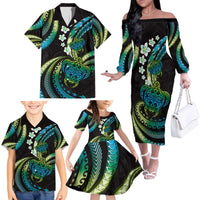 Hawaii Turtles Plumeria Family Matching Off The Shoulder Long Sleeve Dress and Hawaiian Shirt Chartreuse Cyan Polynesian Pattern