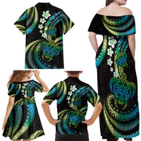 Hawaii Turtles Plumeria Family Matching Off Shoulder Maxi Dress and Hawaiian Shirt Chartreuse Cyan Polynesian Pattern