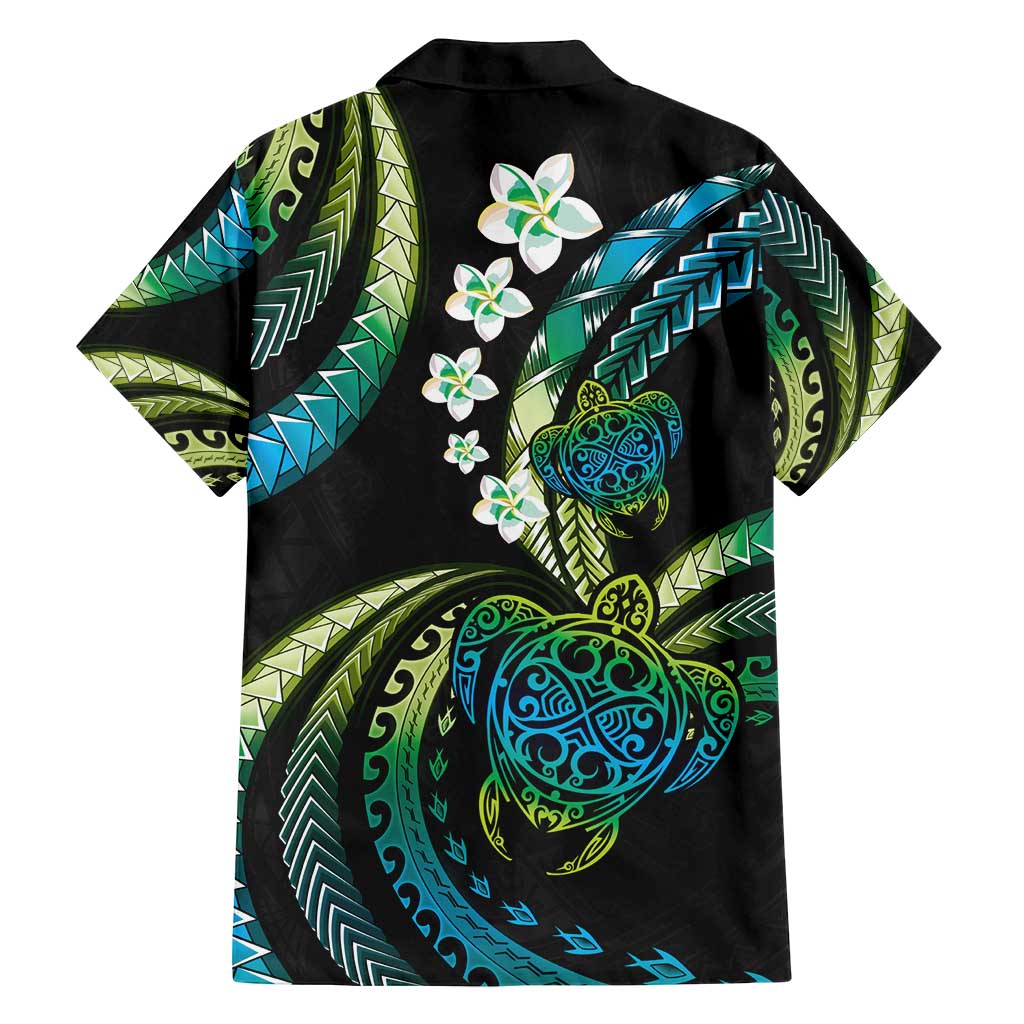 Hawaii Turtles Plumeria Family Matching Off Shoulder Maxi Dress and Hawaiian Shirt Chartreuse Cyan Polynesian Pattern