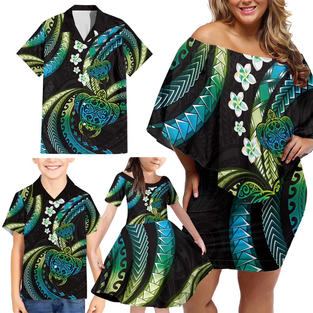 Hawaii Turtles Plumeria Family Matching Off Shoulder Short Dress and Hawaiian Shirt Chartreuse Cyan Polynesian Pattern