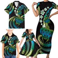Hawaii Turtles Plumeria Family Matching Short Sleeve Bodycon Dress and Hawaiian Shirt Chartreuse Cyan Polynesian Pattern