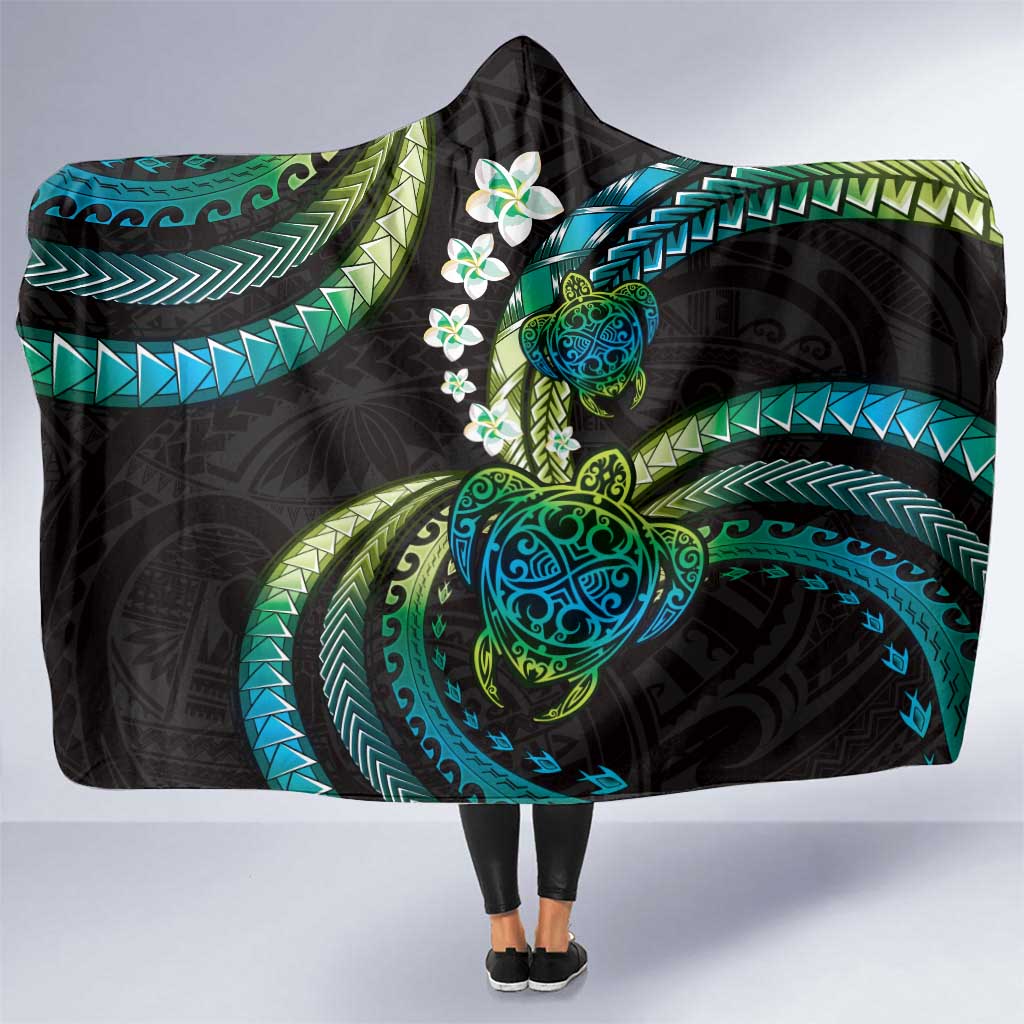 Hawaii Turtles Plumeria Hooded Blanket Chartreuse Cyan Polynesian Pattern