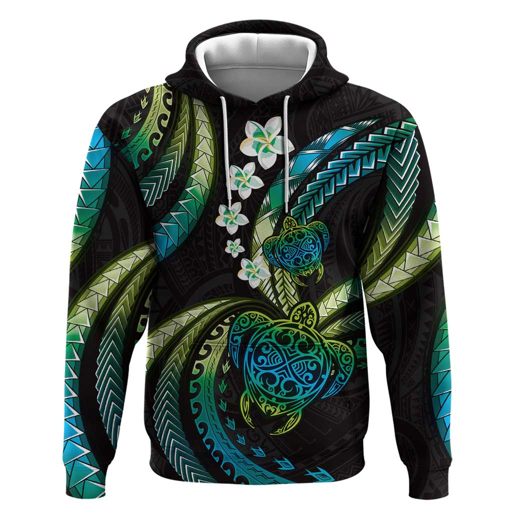 Hawaii Turtles Plumeria Hoodie Chartreuse Cyan Polynesian Pattern LT01 Pullover Hoodie Cyan - Polynesian Pride