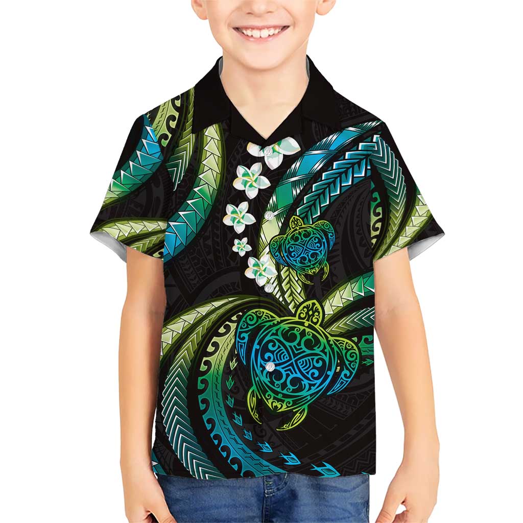 Hawaii Turtles Plumeria Kid Hawaiian Shirt Chartreuse Cyan Polynesian Pattern