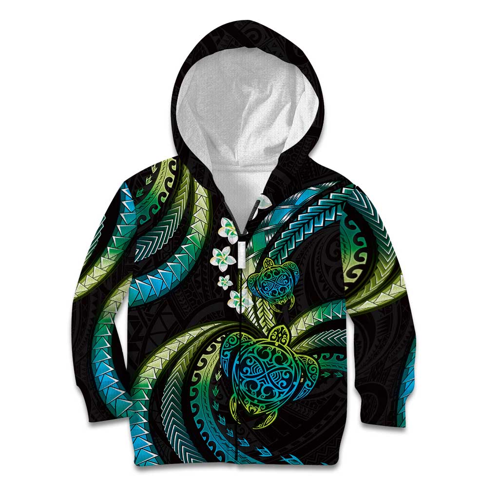 Hawaii Turtles Plumeria Kid Hoodie Chartreuse Cyan Polynesian Pattern