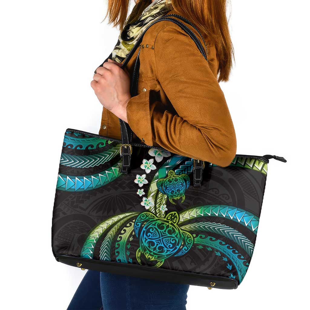 Hawaii Turtles Plumeria Leather Tote Bag Chartreuse Cyan Polynesian Pattern