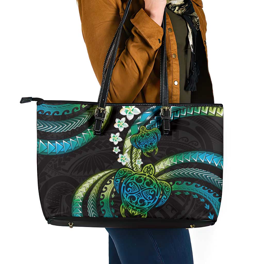 Hawaii Turtles Plumeria Leather Tote Bag Chartreuse Cyan Polynesian Pattern