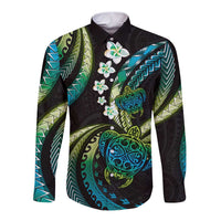 Hawaii Turtles Plumeria Long Sleeve Button Shirt Chartreuse Cyan Polynesian Pattern