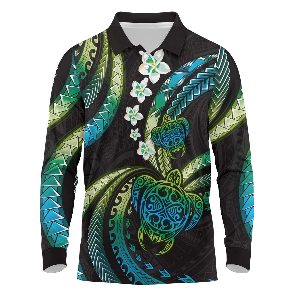Hawaii Turtles Plumeria Long Sleeve Polo Shirt Chartreuse Cyan Polynesian Pattern