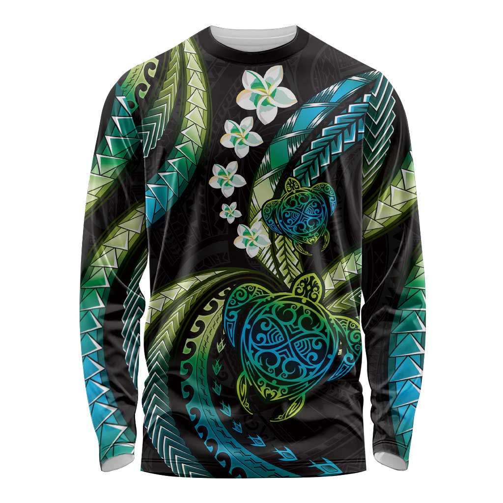 Hawaii Turtles Plumeria Long Sleeve Shirt Chartreuse Cyan Polynesian Pattern
