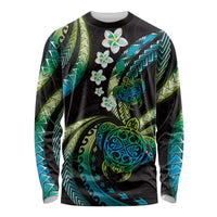 Hawaii Turtles Plumeria Long Sleeve Shirt Chartreuse Cyan Polynesian Pattern